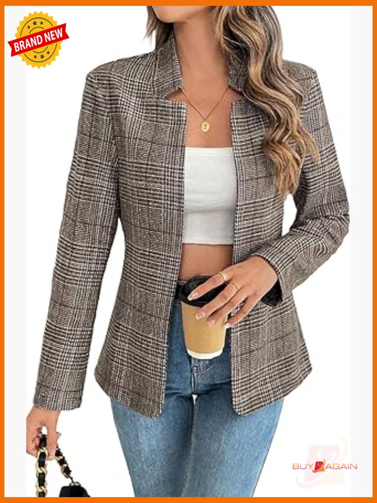 Open Front Plaid Blazer With Stand Collar - Soft Polyester Tweed Suit Jacket